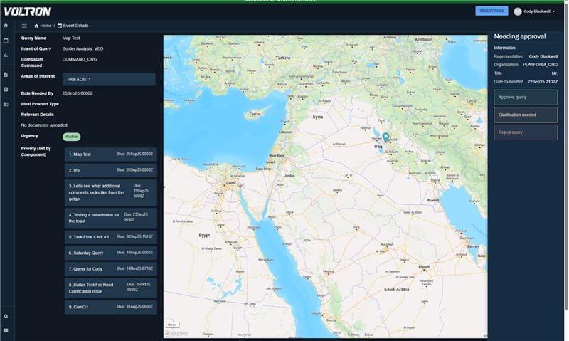 Screenshot of the final stage of the query intake process of review for approval, with a large map with pins showing the locations selected