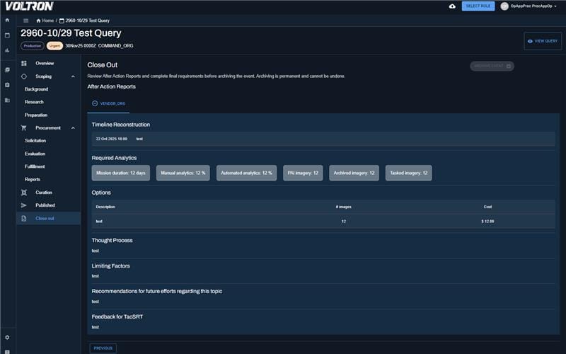 Screenshot of vendor closeout form